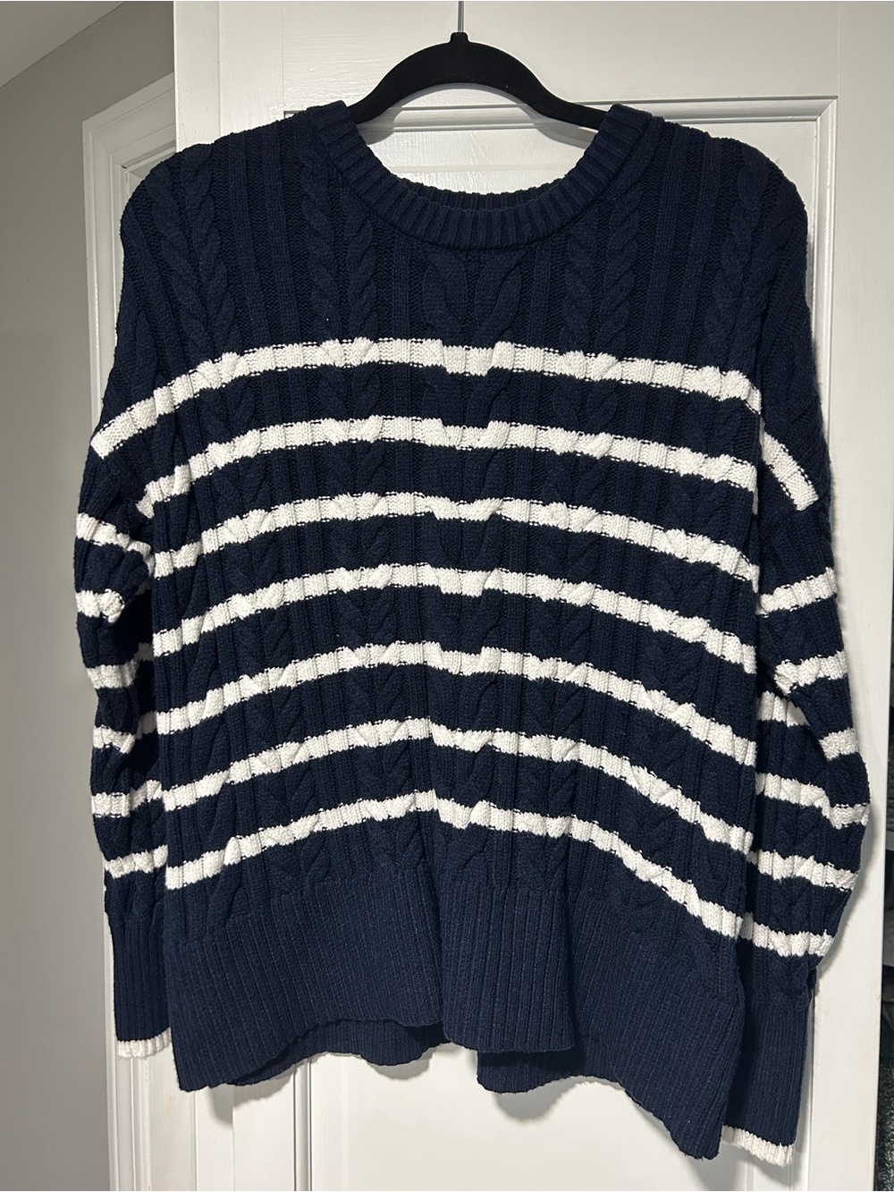 Philosophy Navy and White Striped Cable-Knit Crew Sweater